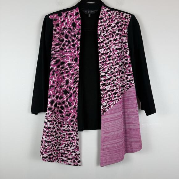 Ming Wang Cardigan Womens S Pink Black Animal Print Knit Open Front Art Eclectic - Picture 1 of 7